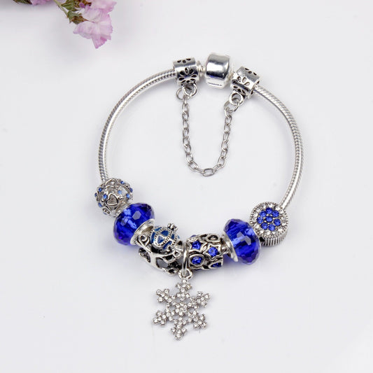 Snowflake Pendant Bracelet - Blue Cat's Eye & Glass Beads, Zinc Alloy with Rhinestone Silver Carved V1132-NSSL95-17