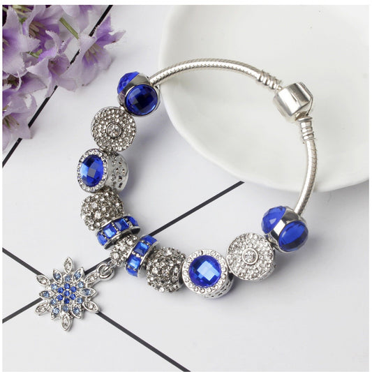 Blue Cat's Eye Glass Bead Bracelet - Zinc Alloy Rhinestone & Snowflake Pendant(19cm) V1132-NSSL96-19