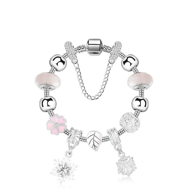Women's Rhinestone Cherry Blossom & Snowflake Pendant Bracelet(18cm) V1132-NSSL97-18