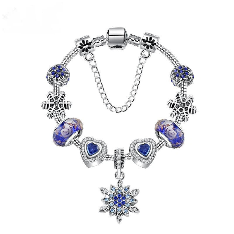 Blue Cat's Eye & Glass Bead Bracelet - Rhinestone Snowflake Pendant(17cm) V1132-NSSL98-17
