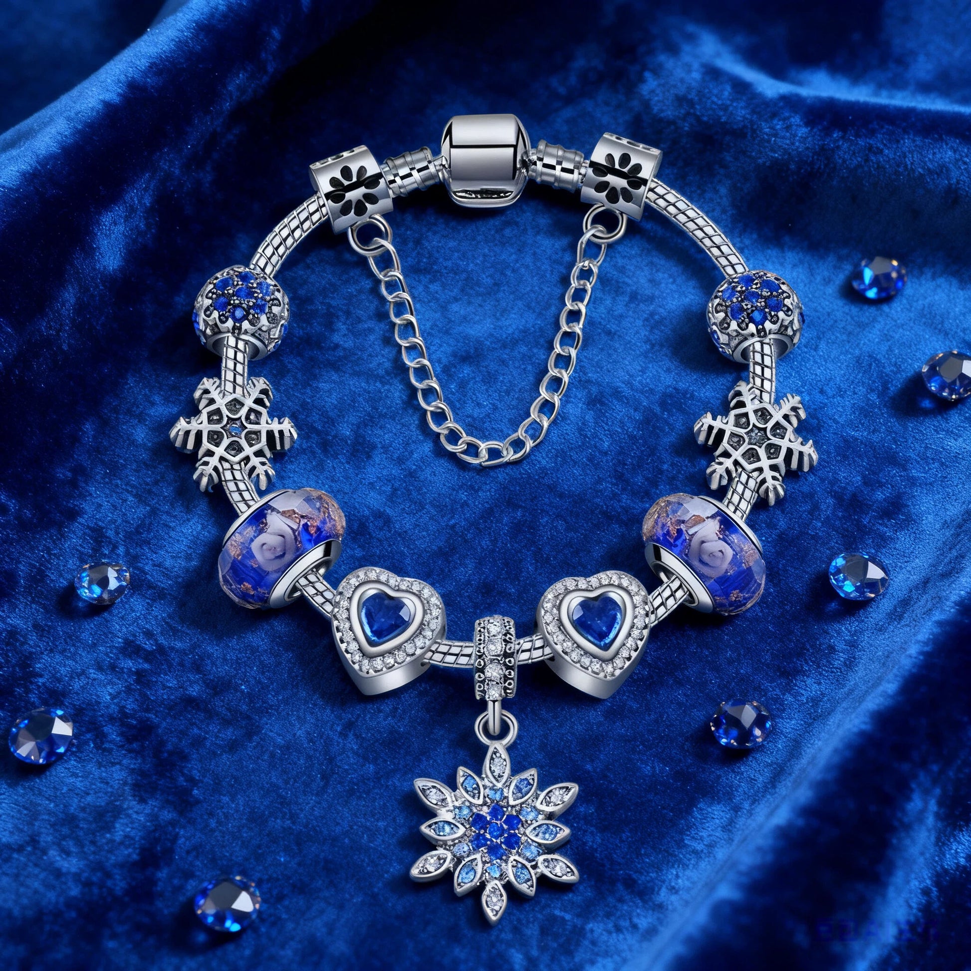 Blue Cat's Eye & Glass Bead Bracelet - Rhinestone Snowflake Pendant(17cm) V1132-NSSL98-17