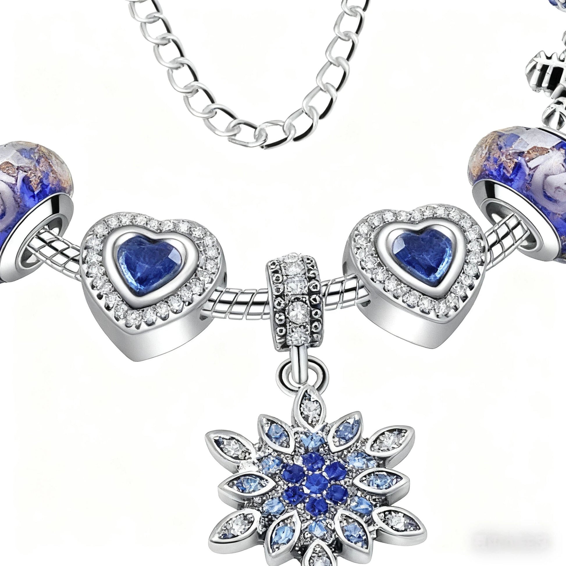 Blue Cat's Eye & Glass Bead Bracelet - Rhinestone Snowflake Pendant(18cm) V1132-NSSL98-18