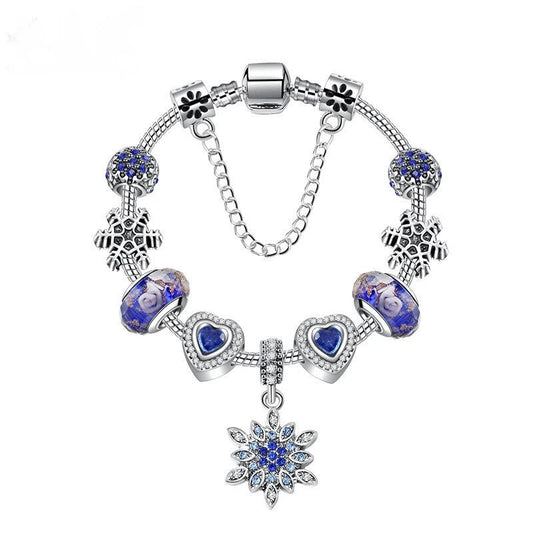 Blue Cat's Eye & Glass Bead Bracelet - Rhinestone Snowflake Pendant(19cm) V1132-NSSL98-19