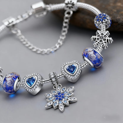Blue Cat's Eye & Glass Bead Bracelet - Rhinestone Snowflake Pendant(19cm) V1132-NSSL98-19