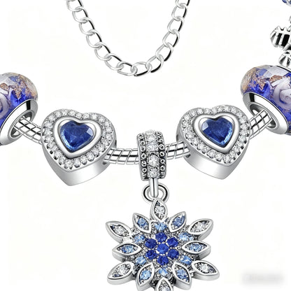 Blue Cat's Eye & Glass Bead Bracelet - Rhinestone Snowflake Pendant(20cm) V1132-NSSL98-20
