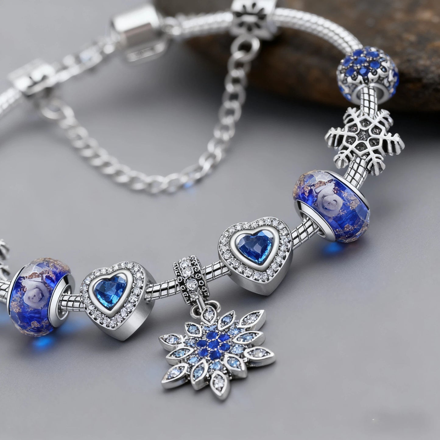 Blue Cat's Eye & Glass Bead Bracelet - Rhinestone Snowflake Pendant(20cm) V1132-NSSL98-20