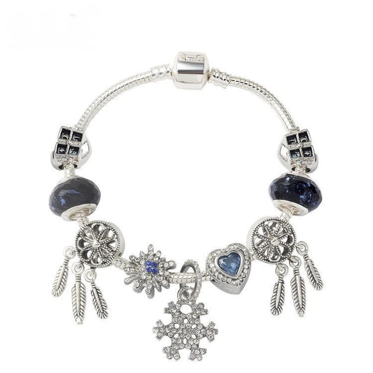 Pandora-Style Rhinestone Blue Cat's Eye Heart Bracelet: Glass Beads, Dreamcatcher Feather Snowflake(18cm) V1132-NSSL99-18