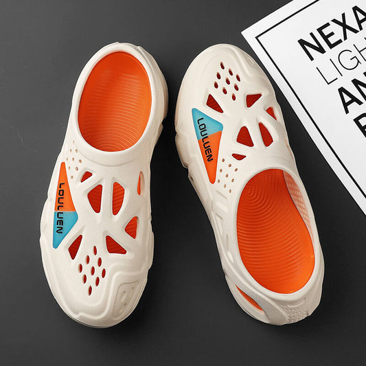 Men's Summer EVA Crocs with 3 Color Options - Breathable, Non-Slip, Comfortable Beach & Casual V1132-NSTTX1-WHITE-ORANGE-38-39