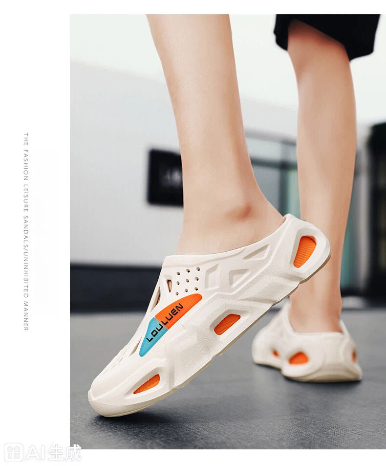 Men's Summer EVA Crocs with 3 Color Options - Breathable, Non-Slip, Comfortable Beach & Casual V1132-NSTTX1-WHITE-ORANGE-40-41