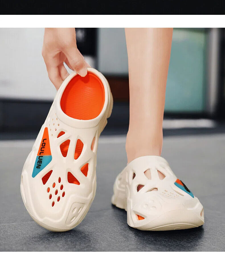 Men's Summer EVA Crocs with 3 Color Options - Breathable, Non-Slip, Comfortable Beach & Casual V1132-NSTTX1-WHITE-ORANGE-44-45