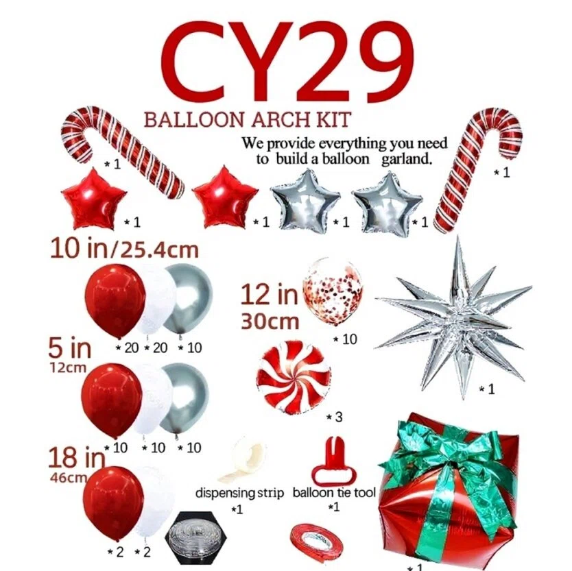 Christmas Balloon Arch + Tree Kit: Candy Cane/Star Foil Decor V1132-SDLW10-CY029-032