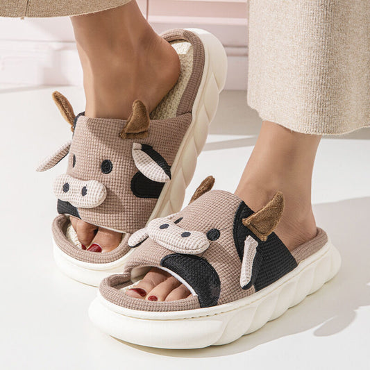 Unisex Cow Cartoon Linen Slippers: EVA Thick Sole Non-Slip Beach Sandals for Couples & Parent-Child, 7 V1132-YMTX1-COFFEE BROWN-37-38