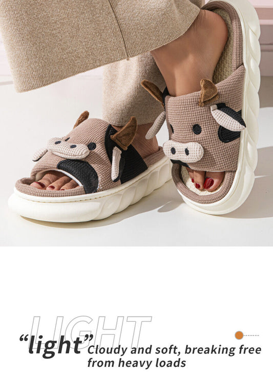Unisex Cow Cartoon Linen Slippers: EVA Thick Sole Non-Slip Beach Sandals for Couples & Parent-Child, 7 V1132-YMTX1-COFFEE BROWN-37-38