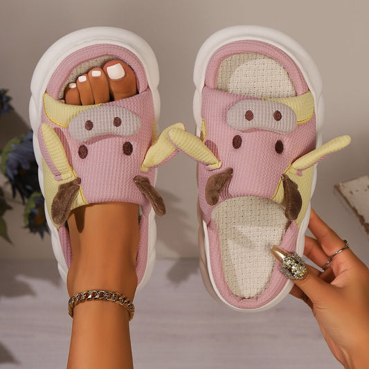 Unisex Cow Cartoon Linen Slippers: EVA Thick Sole Non-Slip Beach Sandals for Couples & Parent-Child, 7 V1132-YMTX1-PINK-35-36