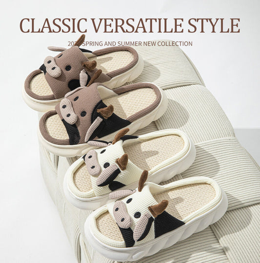 Unisex Cow Cartoon Linen Slippers: EVA Thick Sole Non-Slip Beach Sandals for Couples & Parent-Child, 7 V1132-YMTX1-PINK-39-40