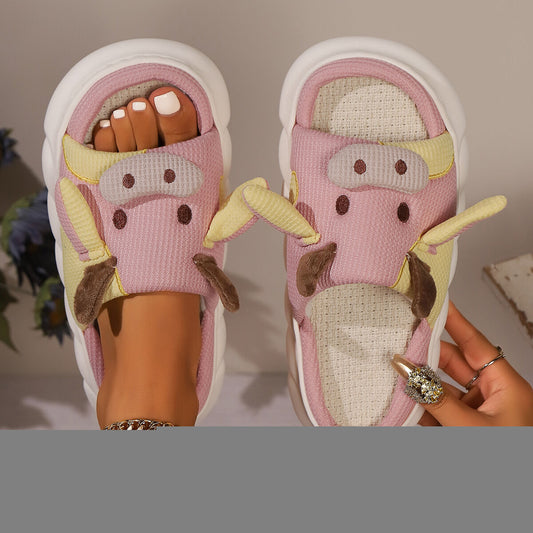 Unisex Cow Cartoon Linen Slippers: EVA Thick Sole Non-Slip Beach Sandals for Couples & Parent-Child, 7 V1132-YMTX1-PINK-41-42