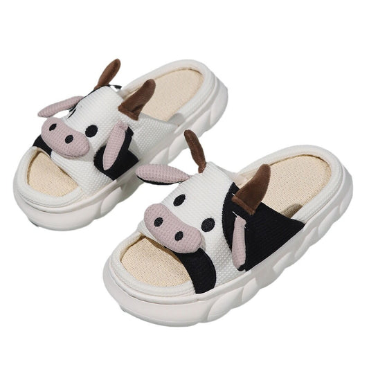 Unisex Cow Cartoon Linen Slippers: EVA Thick Sole Non-Slip Beach Sandals for Couples & Parent-Child, 7 V1132-YMTX1-WHITE-43-44