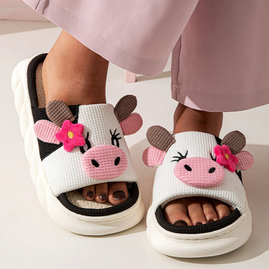 Unisex Cow Cartoon Linen Slippers: EVA Thick Sole Non-Slip Beach Sandals for Couples & Parent-Child, 7 V1132-YMTX2-WHITE-35-36