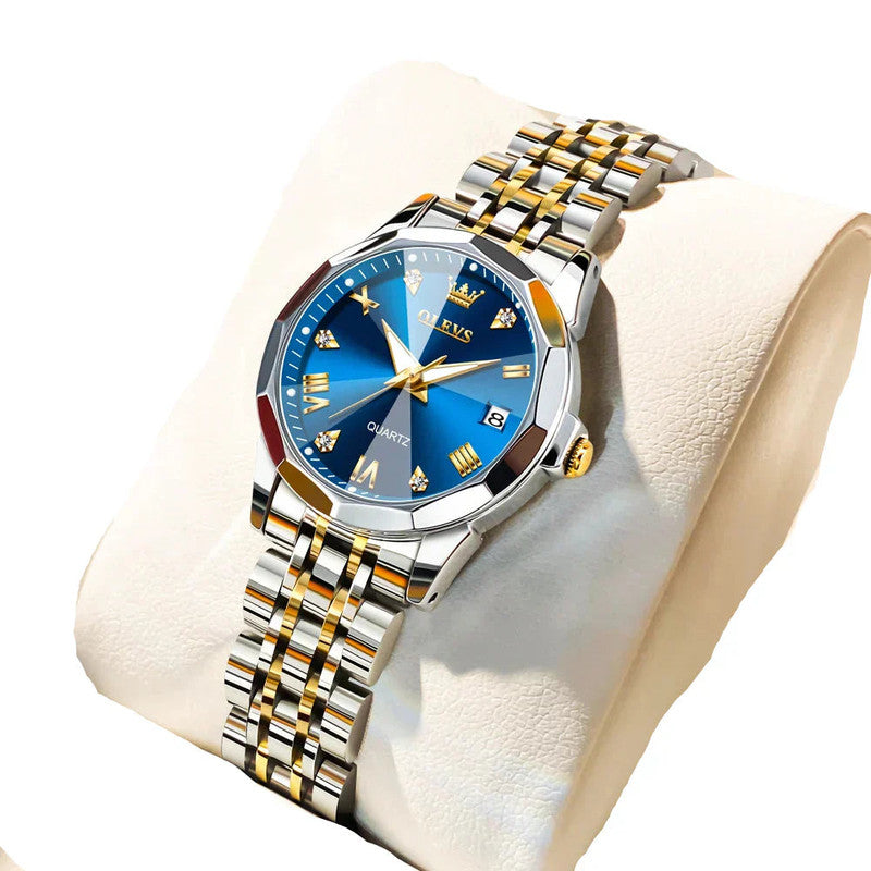 Womens Stainless Steel Quartz Watch Waterproof (Gold Blue) V1142-LP1005007170732202-GOLDBLUE