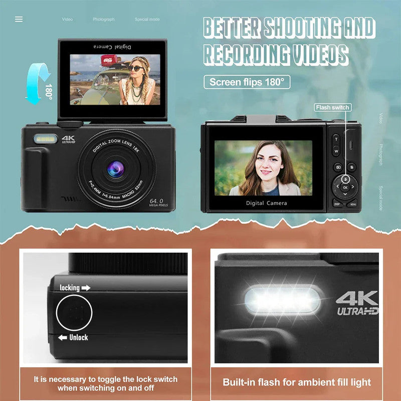 4K Digital Camera for Photography 64MP Vlogging Black V1142-LP1005007342064879