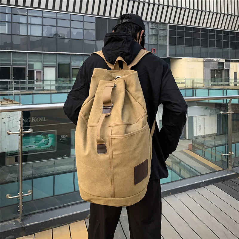 Canvas Travel Backpack with Bucket Design Khaki V1142-LP1005007636000586
