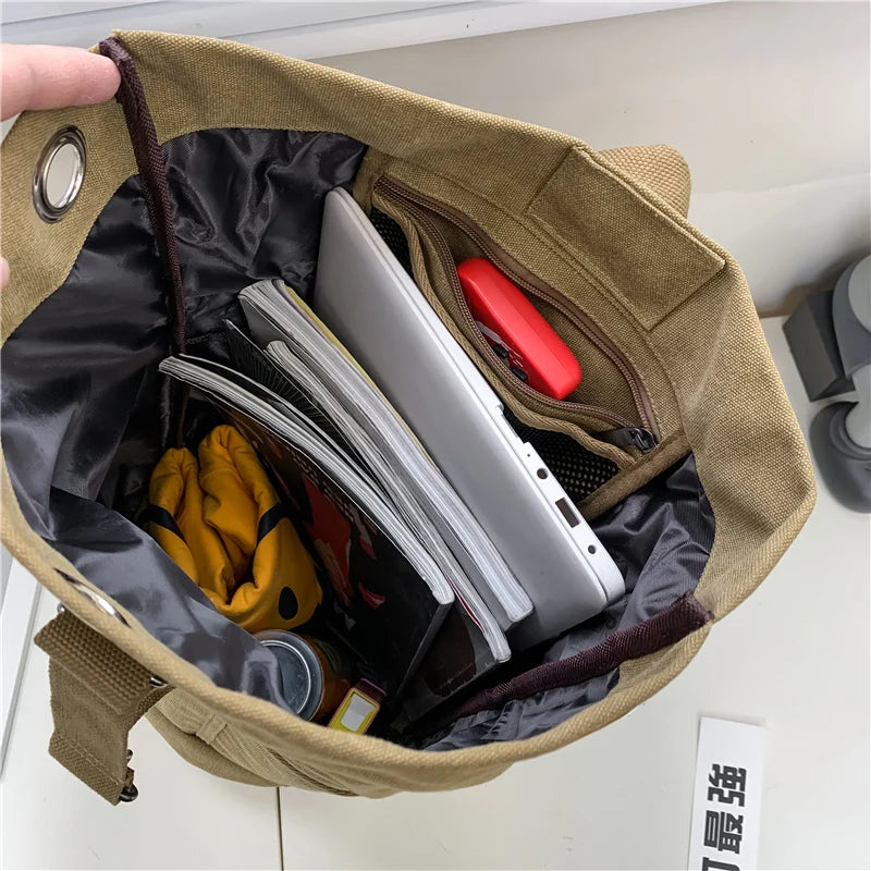 Canvas Travel Backpack with Bucket Design Khaki V1142-LP1005007636000586