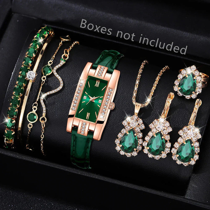 Green Womens Quartz Watch Jewelry Gift Set V1142-LP1005008623982971