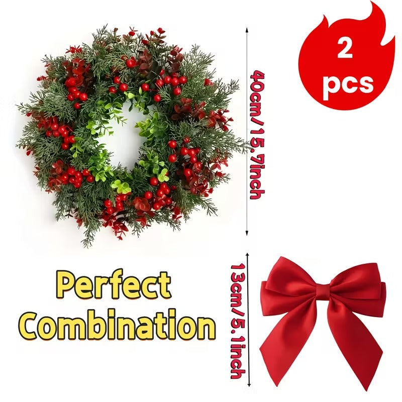 Artificial Christmas Wreath with Red Bow (2pcs) V1142-PB601103592600934