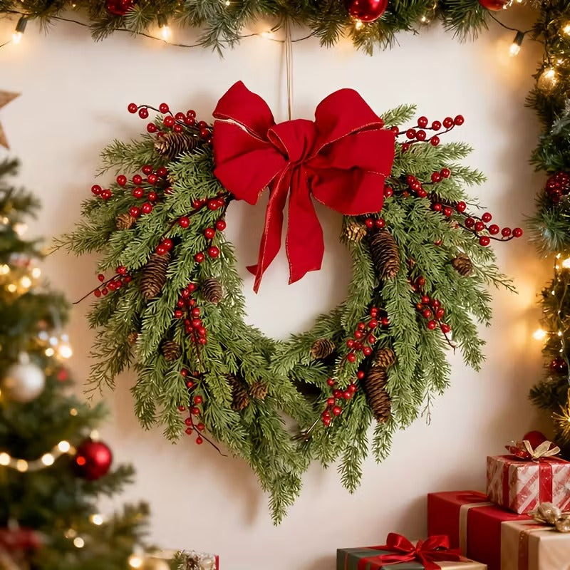 Pine Needle Red Berry Wreath with Heart Bow V1142-PB601103876884296