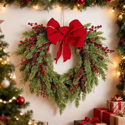 Pine Needle Red Berry Wreath with Heart Bow V1142-PB601103876884296