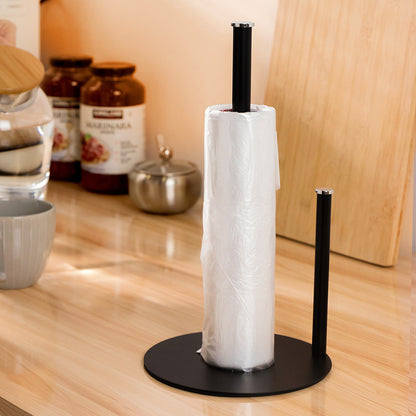 Iron Double Pole Paper Towel Holder for Kitchen Countertop Cling Film Storage Rack-Black V1161-101188