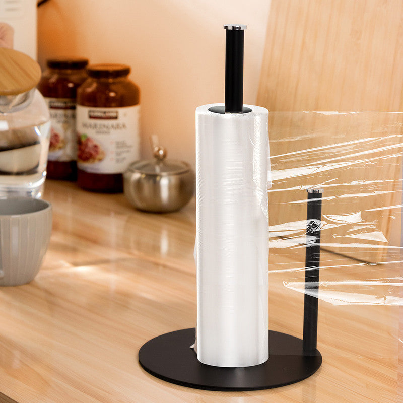 Iron Double Pole Paper Towel Holder for Kitchen Countertop Cling Film Storage Rack-Black V1161-101188