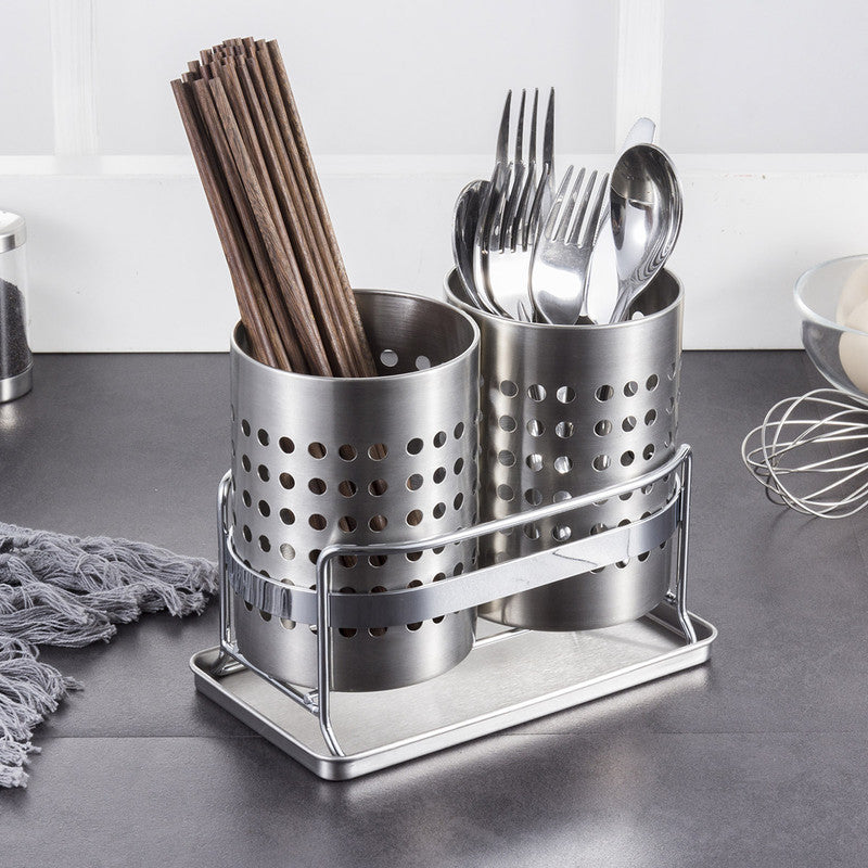 Stainless Steel Double-Tube Cutlery Basket With Storage Rack for Household Kitchen-Silver V1161-109395