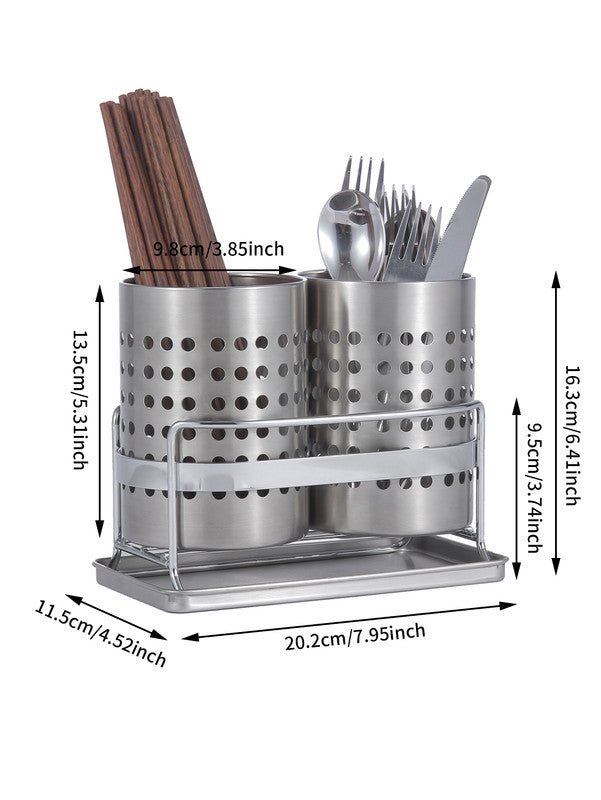 Stainless Steel Double-Tube Cutlery Basket With Storage Rack for Household Kitchen-Silver V1161-109395