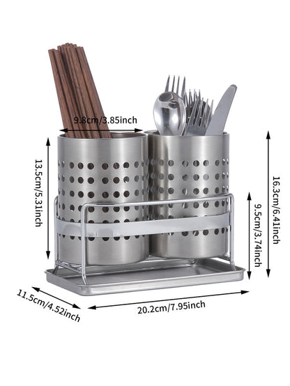 Stainless Steel Double-Tube Cutlery Basket With Storage Rack for Household Kitchen-Silver V1161-109395