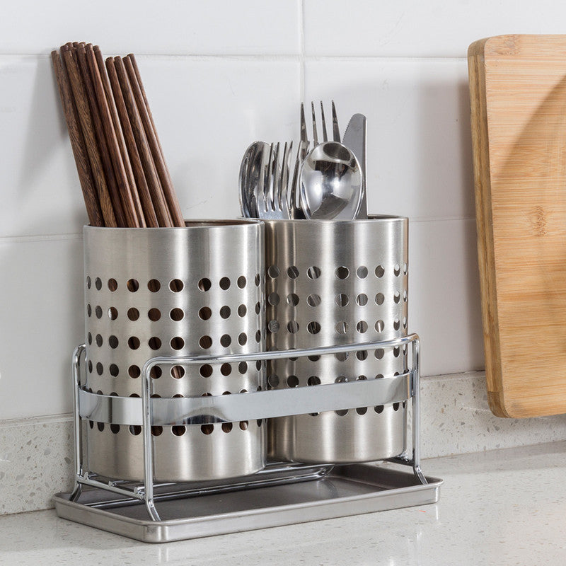 Stainless Steel Double-Tube Cutlery Basket With Storage Rack for Household Kitchen-Silver V1161-109395