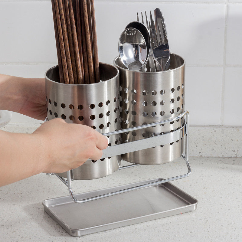 Stainless Steel Double-Tube Cutlery Basket With Storage Rack for Household Kitchen-Silver V1161-109395