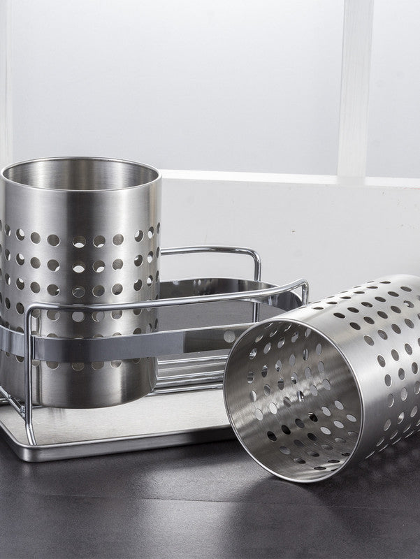 Stainless Steel Double-Tube Cutlery Basket With Storage Rack for Household Kitchen-Silver V1161-109395