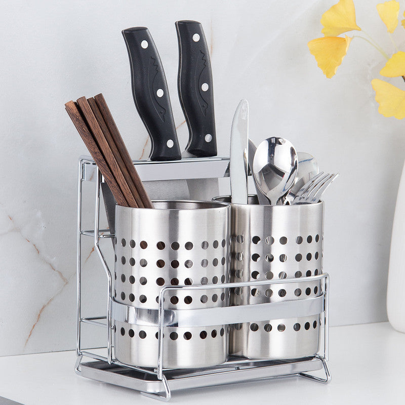 Stainless Steel Kitchen Tableware Storage Rack, With Knife Rack,Spoon And Chopstick Rack-Silver V1161-109527