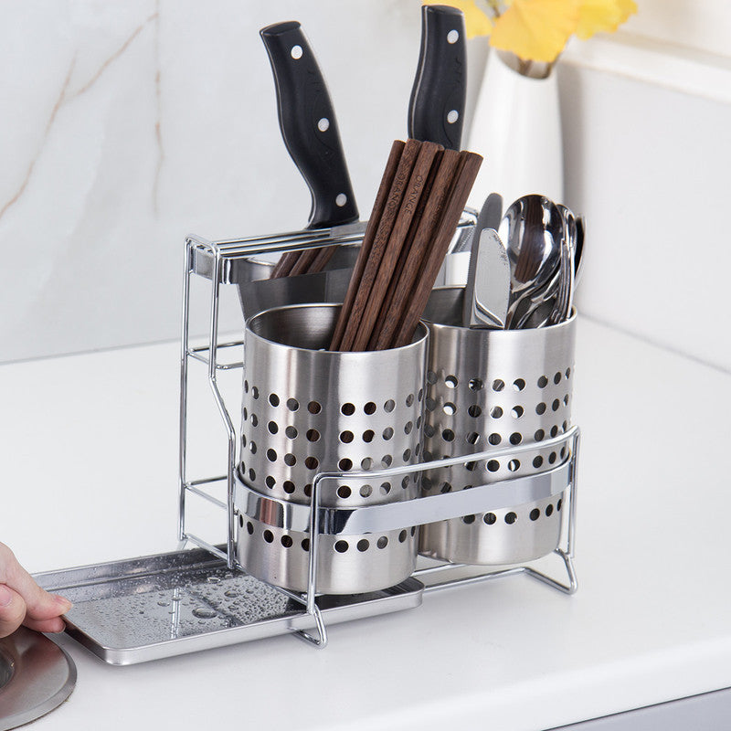 Stainless Steel Kitchen Tableware Storage Rack, With Knife Rack,Spoon And Chopstick Rack-Silver V1161-109527