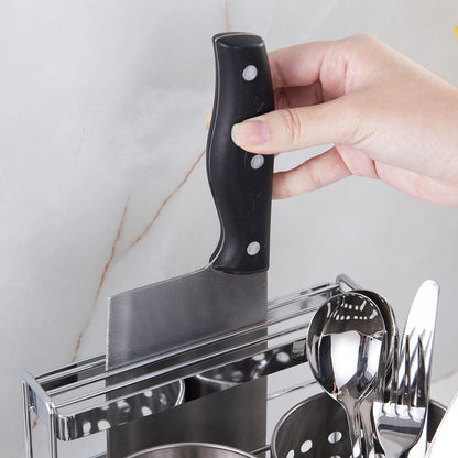 Stainless Steel Kitchen Tableware Storage Rack, With Knife Rack,Spoon And Chopstick Rack-Silver V1161-109527