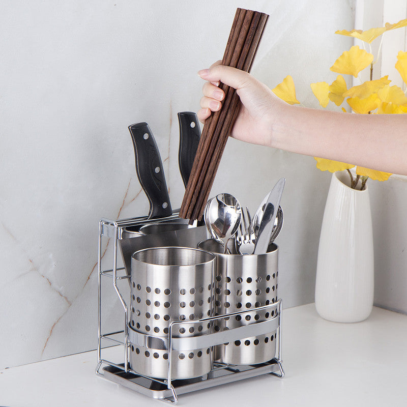 Stainless Steel Kitchen Tableware Storage Rack, With Knife Rack,Spoon And Chopstick Rack-Silver V1161-109527