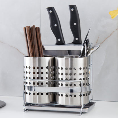 Stainless Steel Kitchen Tableware Storage Rack, With Knife Rack,Spoon And Chopstick Rack-Silver V1161-109527