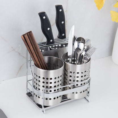Stainless Steel Kitchen Tableware Storage Rack, With Knife Rack,Spoon And Chopstick Rack-Silver V1161-109527