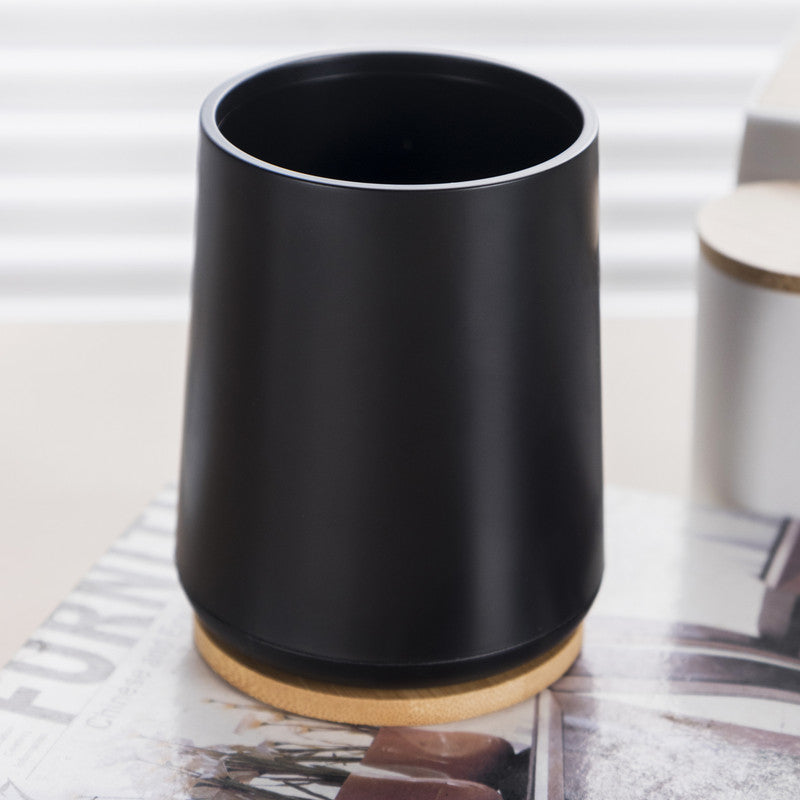 Plastic Toothbrush Cup with Bamboo Base Household Bathroom Essential-Black V1161-860004