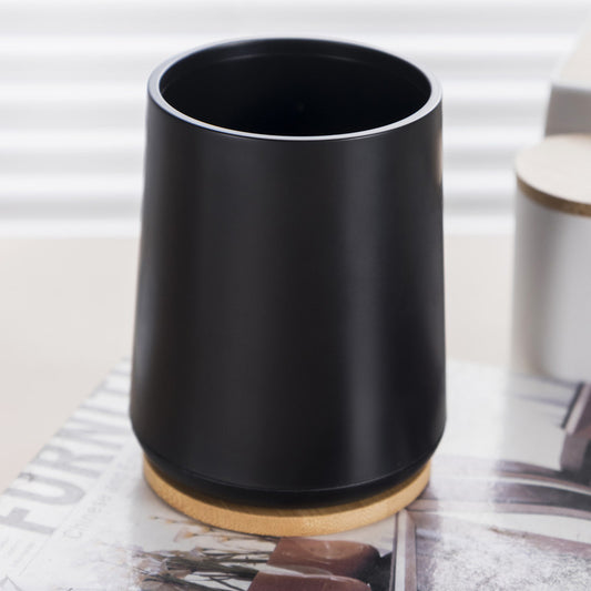 Plastic Toothbrush Cup with Bamboo Base Household Bathroom Essential-Black V1161-860004