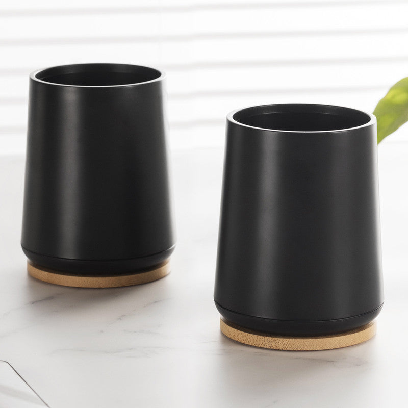 Plastic Toothbrush Cup with Bamboo Base Household Bathroom Essential-Black V1161-860004