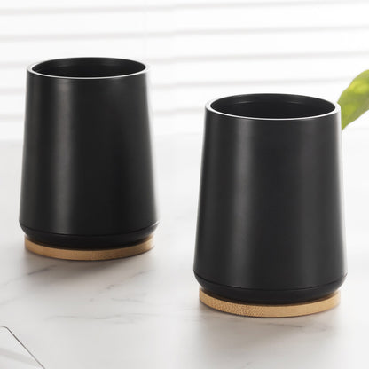Plastic Toothbrush Cup with Bamboo Base Household Bathroom Essential-Black V1161-860004