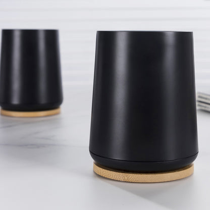 Plastic Toothbrush Cup with Bamboo Base Household Bathroom Essential-Black V1161-860004