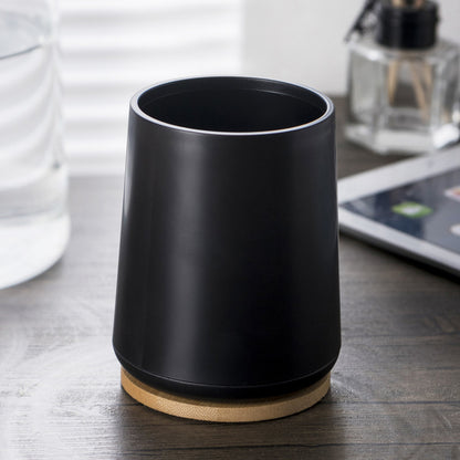 Plastic Toothbrush Cup with Bamboo Base Household Bathroom Essential-Black V1161-860004